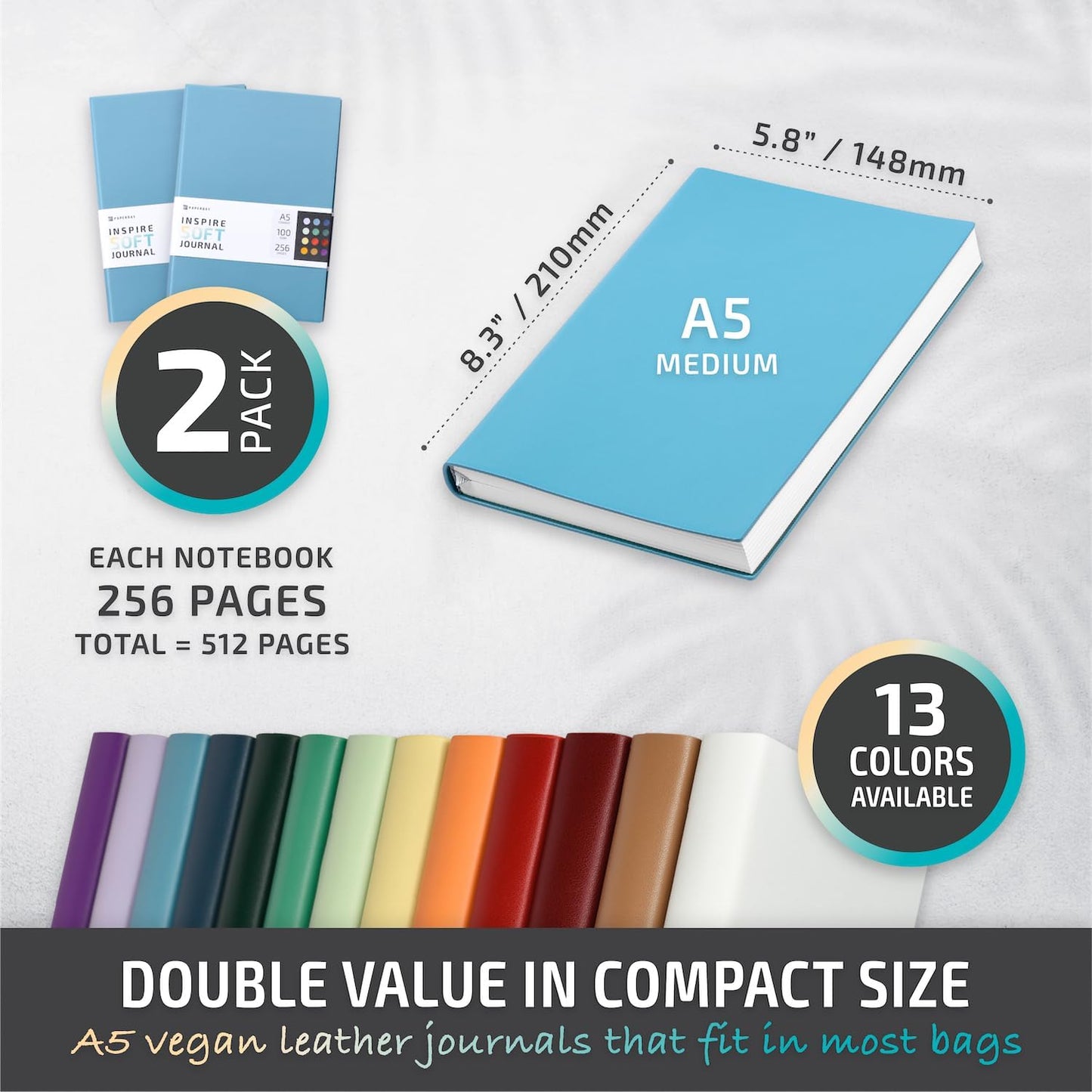A5 Notebook Soft Cover Journal Lined, Medium Softcover Notebook Vegan Leather Journals for Men Women Writing, Ruled Thick Paper Flexible Junk Diary 256 Pages 2-Pack (Light Yellow)