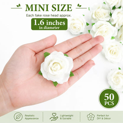 50pcs Mini Yellow Roses Artificial Flowers, 1.6" Silk Fake Roses | Small Faux Rose Buds Flower Heads for Decoration, Crafts, Cake Decor, Centerpieces, Home Decor