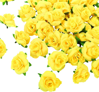 50pcs Mini Yellow Roses Artificial Flowers, 1.6" Silk Fake Roses | Small Faux Rose Buds Flower Heads for Decoration, Crafts, Cake Decor, Centerpieces, Home Decor