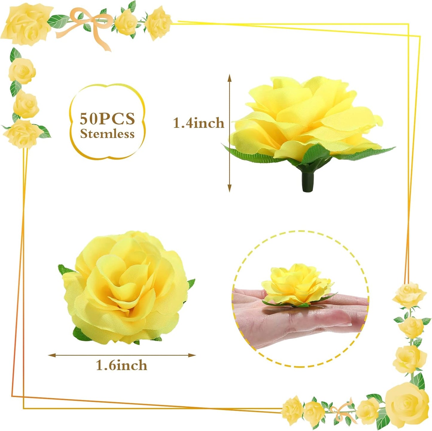 50pcs Mini Yellow Roses Artificial Flowers, 1.6" Silk Fake Roses | Small Faux Rose Buds Flower Heads for Decoration, Crafts, Cake Decor, Centerpieces, Home Decor
