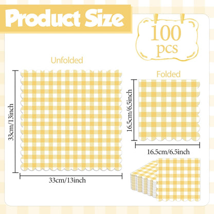 100Pcs 6.5 x 6.5inch Yellow and White Checkered Scalloped Napkins Disposable Yellow Plaid Paper Napkin Plaid Party Decoration for Birthday Picnic Family Dinner BBQ Wedding Baby Shower Party Supplies