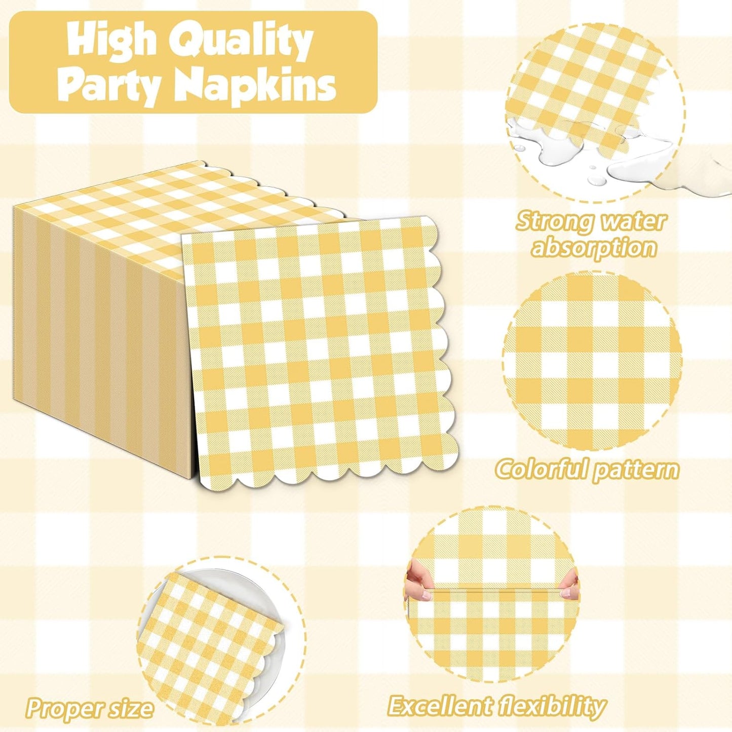 100Pcs 6.5 x 6.5inch Yellow and White Checkered Scalloped Napkins Disposable Yellow Plaid Paper Napkin Plaid Party Decoration for Birthday Picnic Family Dinner BBQ Wedding Baby Shower Party Supplies