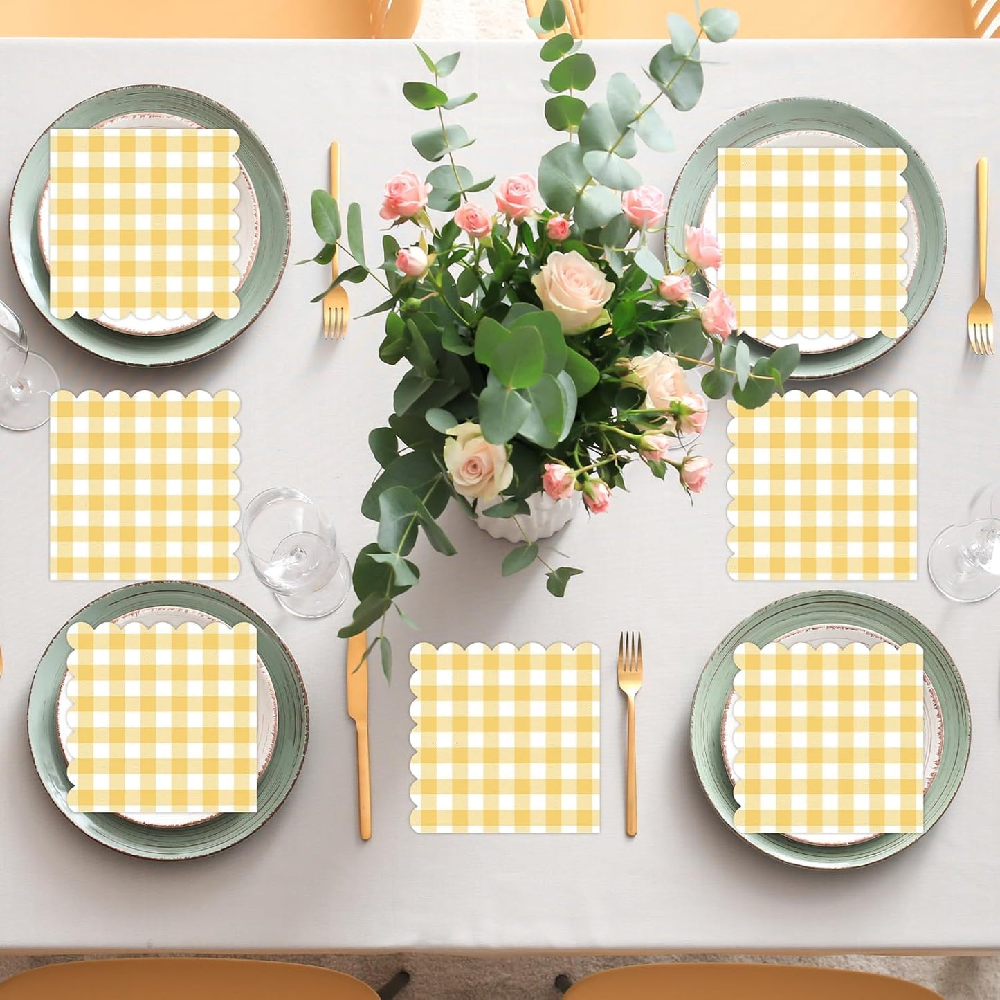 100Pcs 6.5 x 6.5inch Yellow and White Checkered Scalloped Napkins Disposable Yellow Plaid Paper Napkin Plaid Party Decoration for Birthday Picnic Family Dinner BBQ Wedding Baby Shower Party Supplies