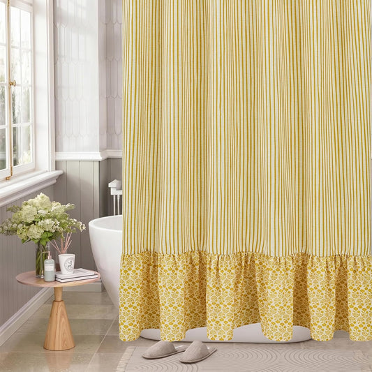 Linen Ruffle Shower Curtain- Yellow Striped with Block Print Floral, 72x72 Inch Linen Blend Bathroom Curtain with 12 Metal Hooks, Flower Bath Curtain for Cottage Core Bathrooms.
