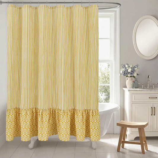 Linen Ruffle Shower Curtain- Yellow Striped with Block Print Floral, 72x72 Inch Linen Blend Bathroom Curtain with 12 Metal Hooks, Flower Bath Curtain for Cottage Core Bathrooms.