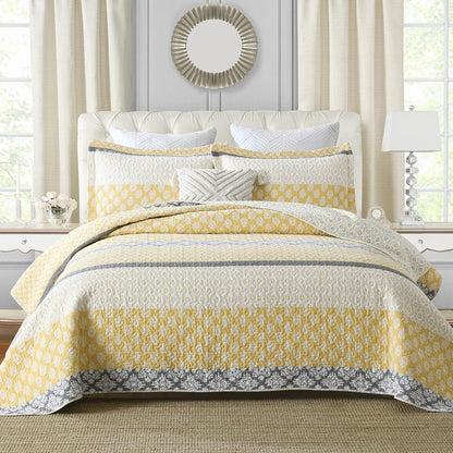 Quilt King Size, King Quilt Set, 100% Cotton Floral Quilt, King Quilt Bedding Set Bedspreads, Patchwork Reversible Lightweight Comforter Bed Spread for All Season, Yellow/Gray, 3 Pieces
