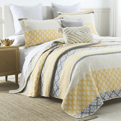 Quilt King Size, King Quilt Set, 100% Cotton Floral Quilt, King Quilt Bedding Set Bedspreads, Patchwork Reversible Lightweight Comforter Bed Spread for All Season, Yellow/Gray, 3 Pieces