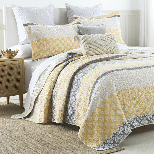 Quilt King Size, King Quilt Set, 100% Cotton Floral Quilt, King Quilt Bedding Set Bedspreads, Patchwork Reversible Lightweight Comforter Bed Spread for All Season, Yellow/Gray, 3 Pieces