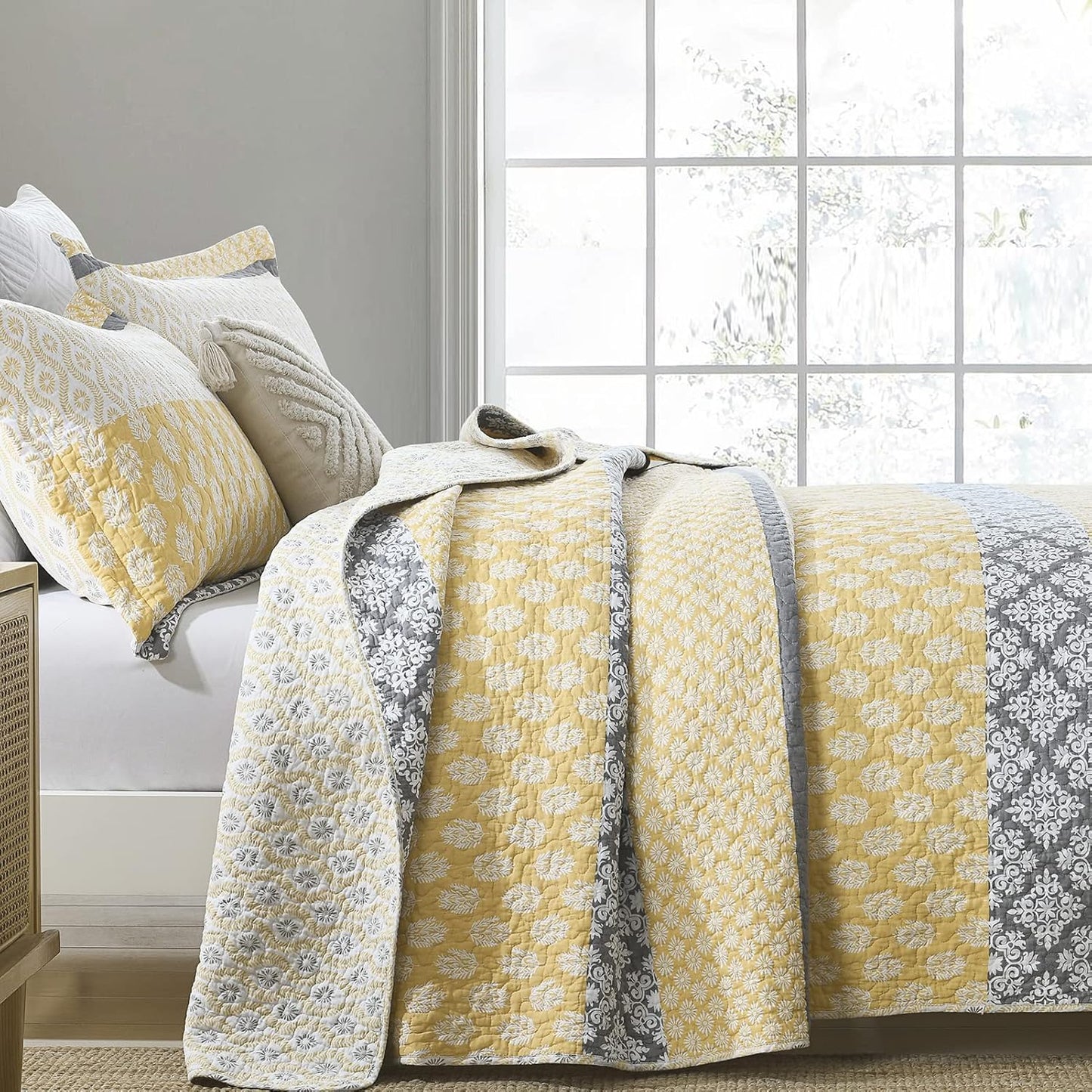 Quilt King Size, King Quilt Set, 100% Cotton Floral Quilt, King Quilt Bedding Set Bedspreads, Patchwork Reversible Lightweight Comforter Bed Spread for All Season, Yellow/Gray, 3 Pieces