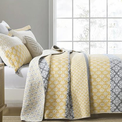 Quilt King Size, King Quilt Set, 100% Cotton Floral Quilt, King Quilt Bedding Set Bedspreads, Patchwork Reversible Lightweight Comforter Bed Spread for All Season, Yellow/Gray, 3 Pieces