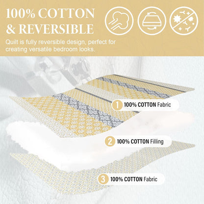 Quilt King Size, King Quilt Set, 100% Cotton Floral Quilt, King Quilt Bedding Set Bedspreads, Patchwork Reversible Lightweight Comforter Bed Spread for All Season, Yellow/Gray, 3 Pieces