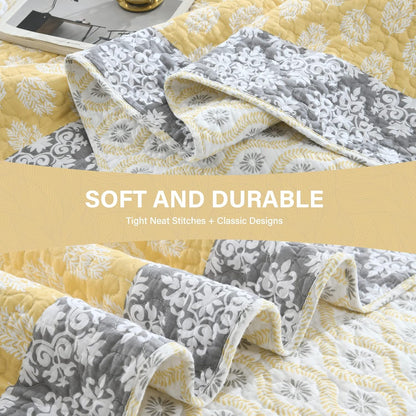 Quilt King Size, King Quilt Set, 100% Cotton Floral Quilt, King Quilt Bedding Set Bedspreads, Patchwork Reversible Lightweight Comforter Bed Spread for All Season, Yellow/Gray, 3 Pieces