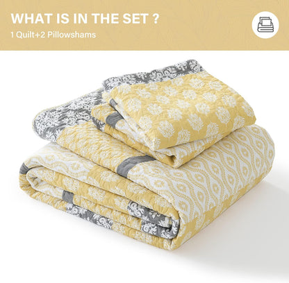 Quilt King Size, King Quilt Set, 100% Cotton Floral Quilt, King Quilt Bedding Set Bedspreads, Patchwork Reversible Lightweight Comforter Bed Spread for All Season, Yellow/Gray, 3 Pieces