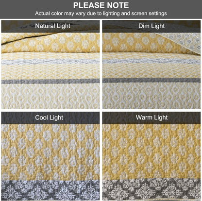 Quilt King Size, King Quilt Set, 100% Cotton Floral Quilt, King Quilt Bedding Set Bedspreads, Patchwork Reversible Lightweight Comforter Bed Spread for All Season, Yellow/Gray, 3 Pieces