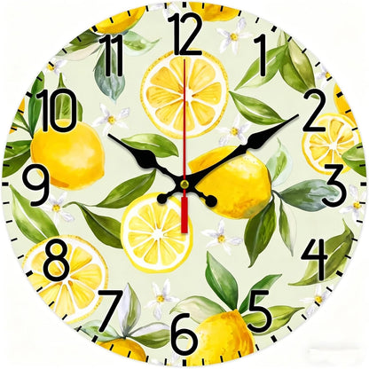 12 inch Lemon Wall Clock Silent Non Ticking Round Clock Battery Operated Fruit Clock Farmhouse Wall Clock for Living Room Kitchen Bedroom Office Decoration (Inches, 12)