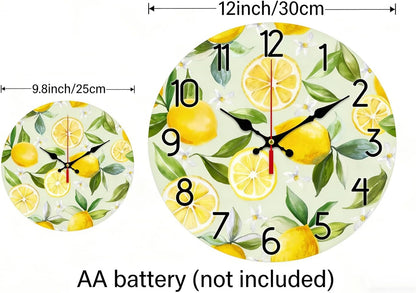 12 inch Lemon Wall Clock Silent Non Ticking Round Clock Battery Operated Fruit Clock Farmhouse Wall Clock for Living Room Kitchen Bedroom Office Decoration (Inches, 12)