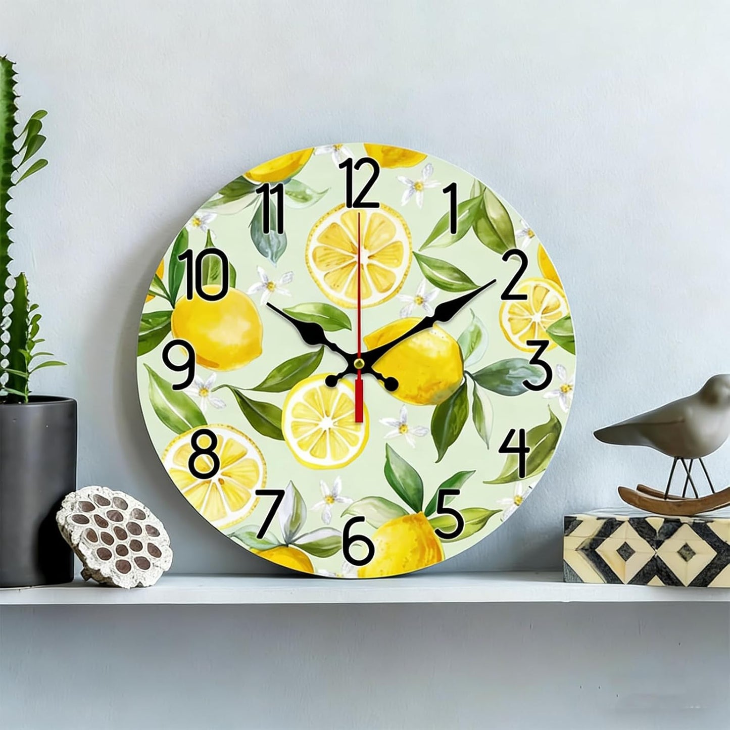 12 inch Lemon Wall Clock Silent Non Ticking Round Clock Battery Operated Fruit Clock Farmhouse Wall Clock for Living Room Kitchen Bedroom Office Decoration (Inches, 12)