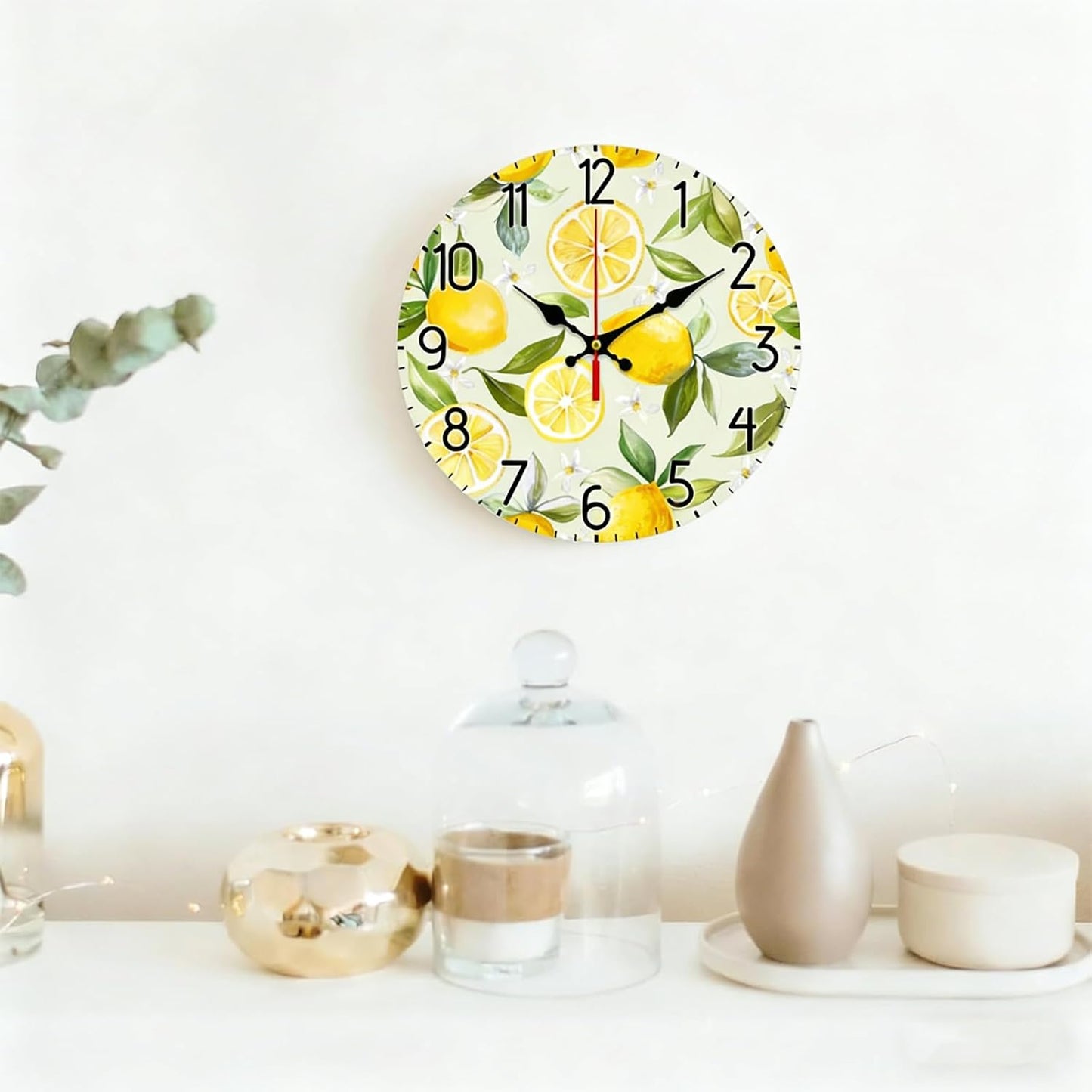 12 inch Lemon Wall Clock Silent Non Ticking Round Clock Battery Operated Fruit Clock Farmhouse Wall Clock for Living Room Kitchen Bedroom Office Decoration (Inches, 12)