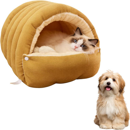 Cat Dog Cave Bed, 2026 New Winter Cave for Cat and Small Dog, Warm Plush Covered Cat House with Removable Cushion,Soft Calming Indoor Cat Bed (Warm Yellow, M(14 * 12 * 8inch)