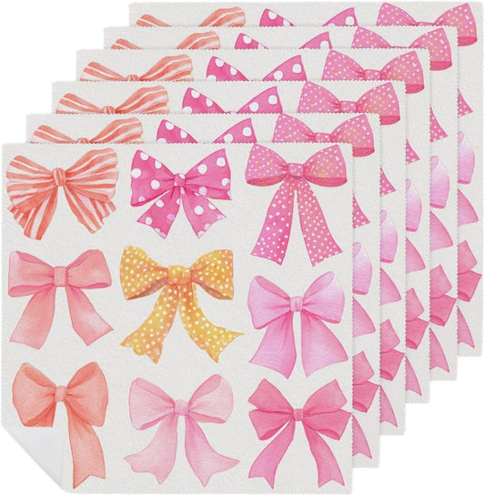 Watercolor Pink Orange Yellow Bows Preppy Cloth Napkins Set of 6, Square Premium Reusable Washable Polyester Table Linen Napkin for Dinner Party