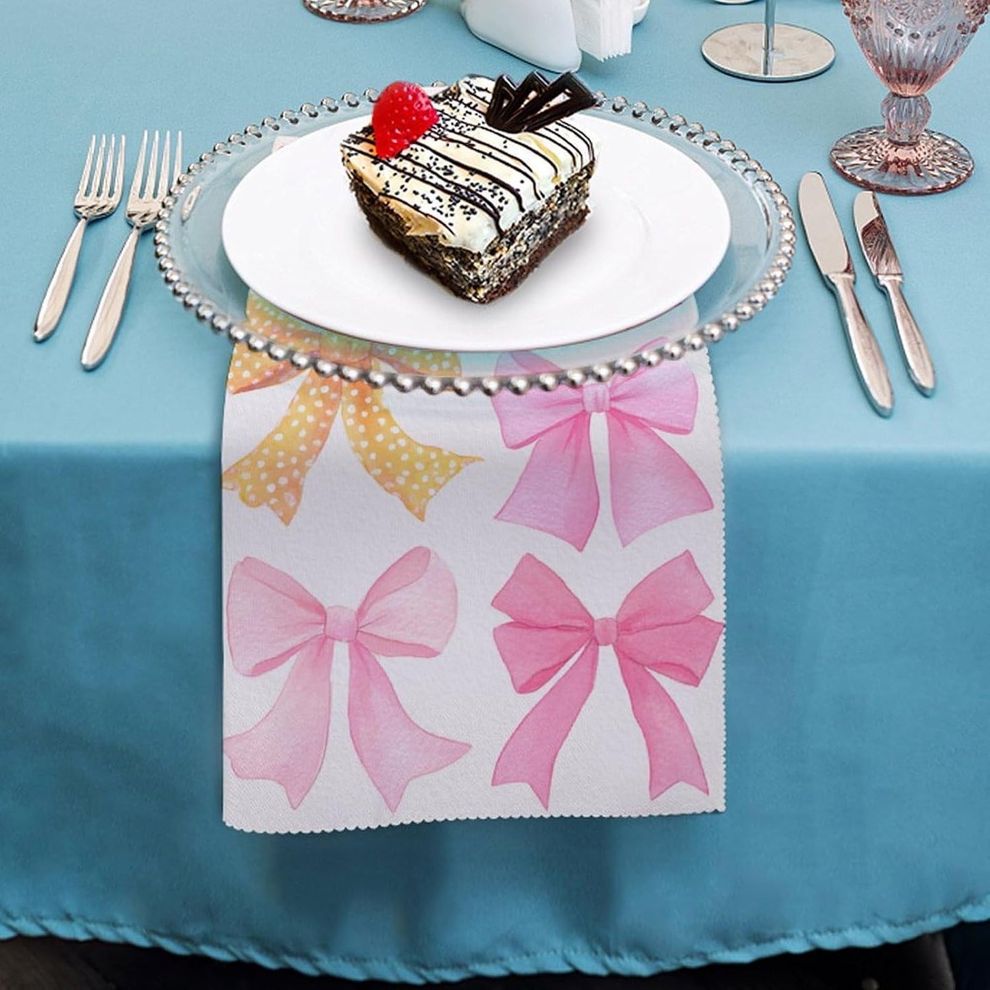 Watercolor Pink Orange Yellow Bows Preppy Cloth Napkins Set of 6, Square Premium Reusable Washable Polyester Table Linen Napkin for Dinner Party