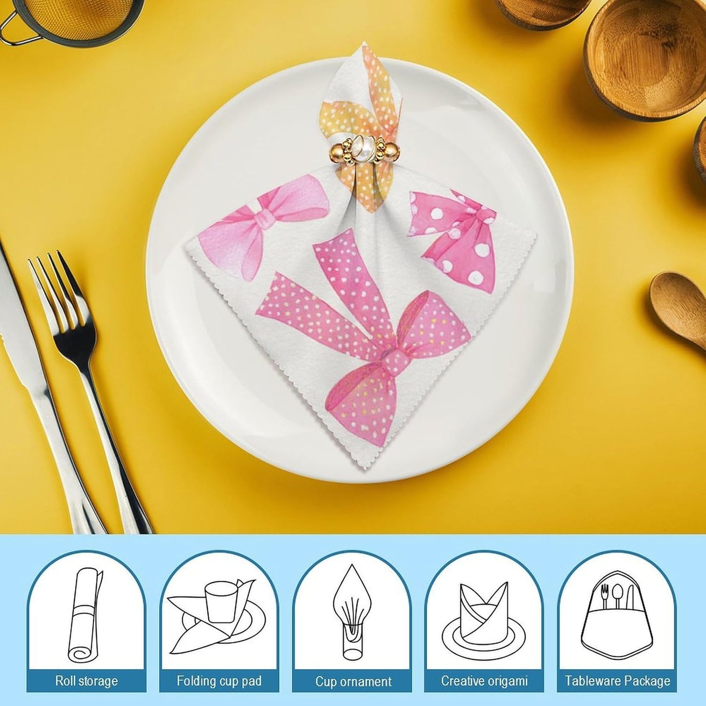 Watercolor Pink Orange Yellow Bows Preppy Cloth Napkins Set of 6, Square Premium Reusable Washable Polyester Table Linen Napkin for Dinner Party