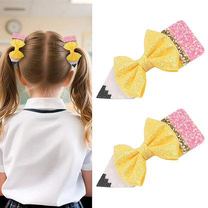 Back to School Pencil Bows Hair Clips, First Day of School Hair Clip, Glitter Sparkly Yellow Hair Bows 5" Alligator Clips Hair Barrettes for Teens Toddler Girls Kindergarten 1st 2nd 3rd 4th 5th Grade
