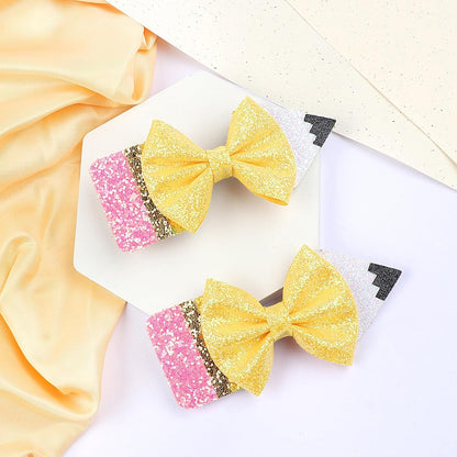 Back to School Pencil Bows Hair Clips, First Day of School Hair Clip, Glitter Sparkly Yellow Hair Bows 5" Alligator Clips Hair Barrettes for Teens Toddler Girls Kindergarten 1st 2nd 3rd 4th 5th Grade