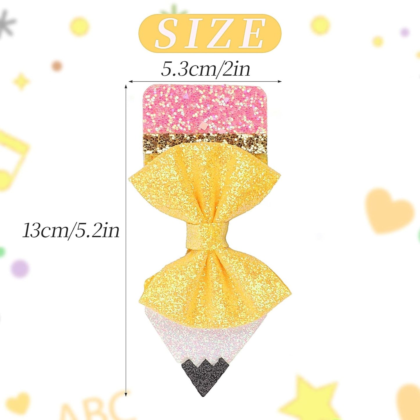 Back to School Pencil Bows Hair Clips, First Day of School Hair Clip, Glitter Sparkly Yellow Hair Bows 5" Alligator Clips Hair Barrettes for Teens Toddler Girls Kindergarten 1st 2nd 3rd 4th 5th Grade