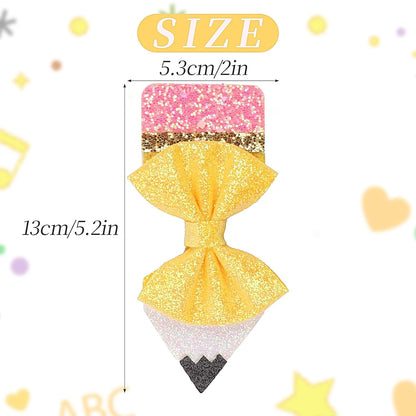 Back to School Pencil Bows Hair Clips, First Day of School Hair Clip, Glitter Sparkly Yellow Hair Bows 5" Alligator Clips Hair Barrettes for Teens Toddler Girls Kindergarten 1st 2nd 3rd 4th 5th Grade