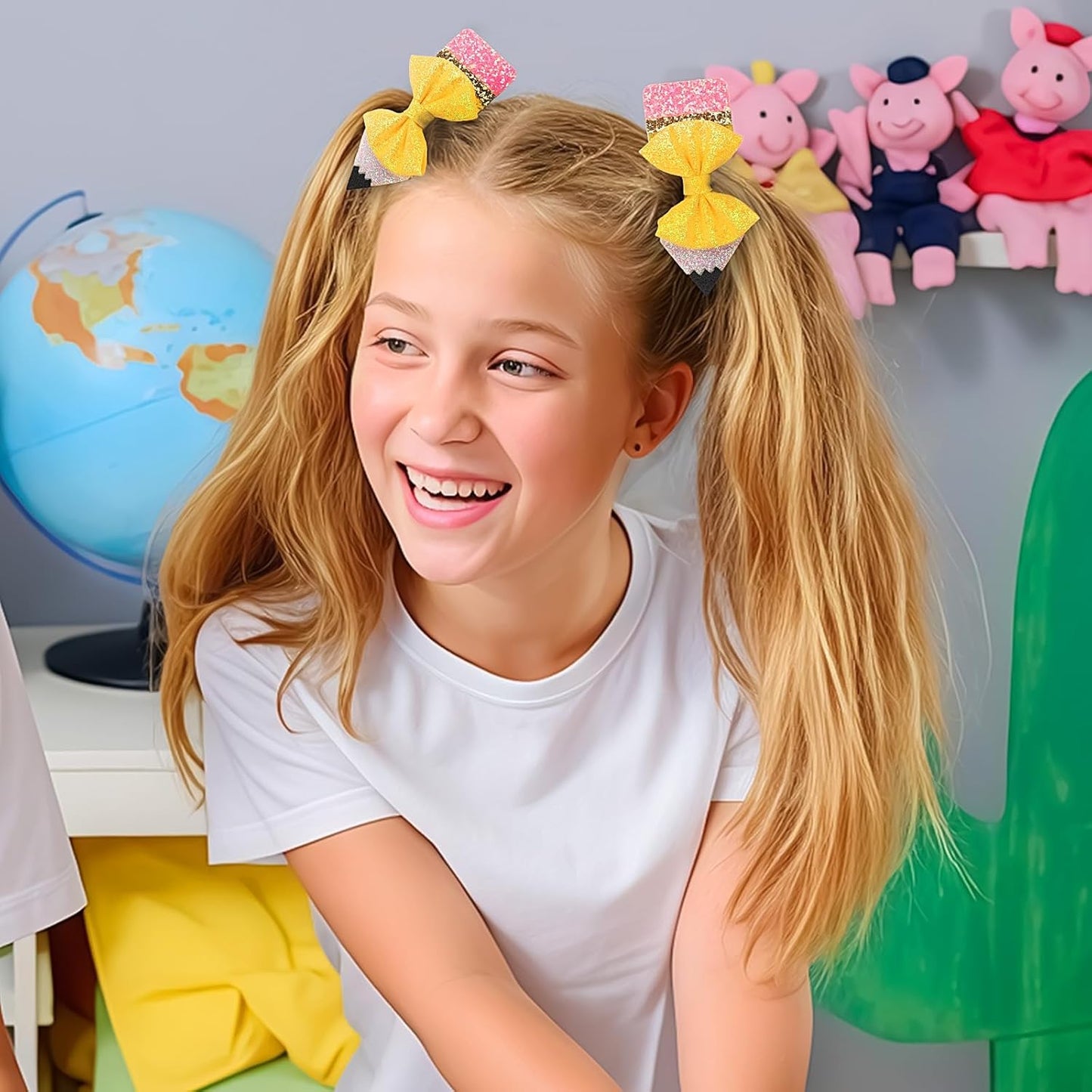 Back to School Pencil Bows Hair Clips, First Day of School Hair Clip, Glitter Sparkly Yellow Hair Bows 5" Alligator Clips Hair Barrettes for Teens Toddler Girls Kindergarten 1st 2nd 3rd 4th 5th Grade