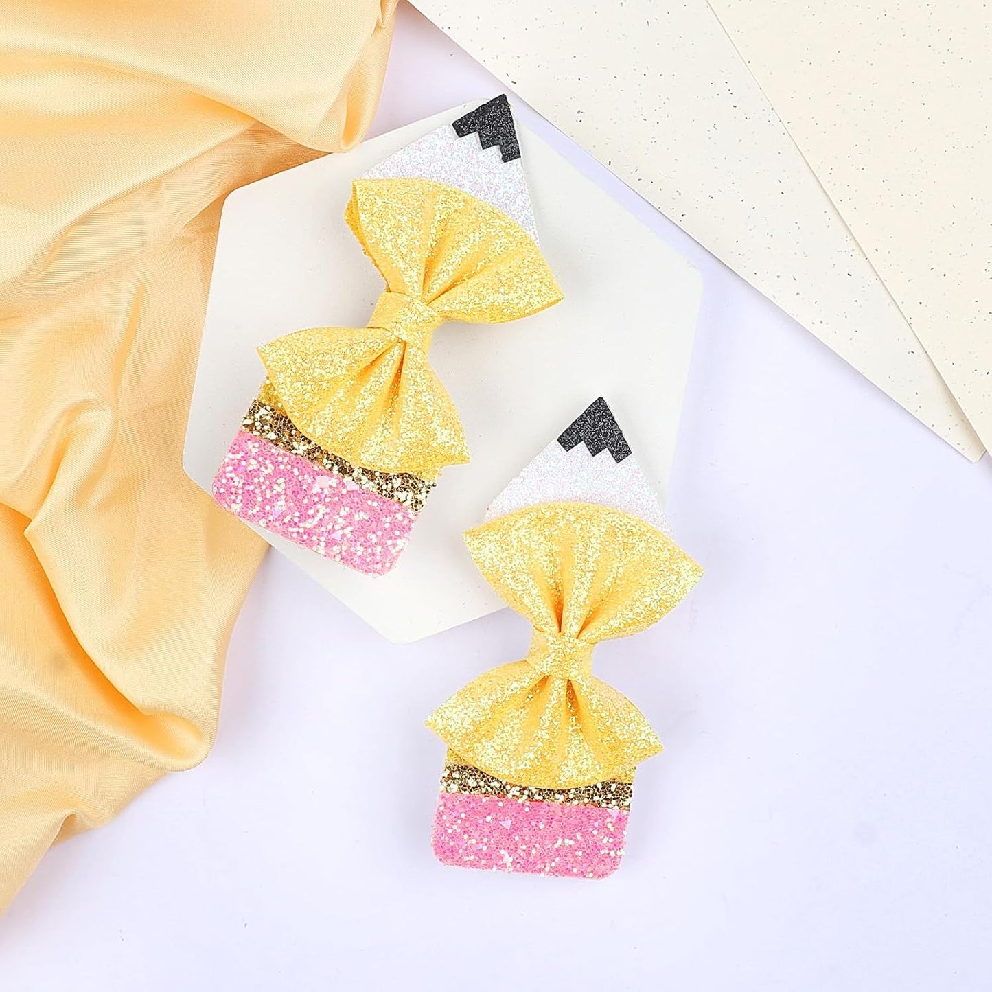Back to School Pencil Bows Hair Clips, First Day of School Hair Clip, Glitter Sparkly Yellow Hair Bows 5" Alligator Clips Hair Barrettes for Teens Toddler Girls Kindergarten 1st 2nd 3rd 4th 5th Grade