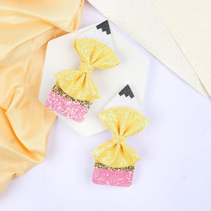 Back to School Pencil Bows Hair Clips, First Day of School Hair Clip, Glitter Sparkly Yellow Hair Bows 5" Alligator Clips Hair Barrettes for Teens Toddler Girls Kindergarten 1st 2nd 3rd 4th 5th Grade