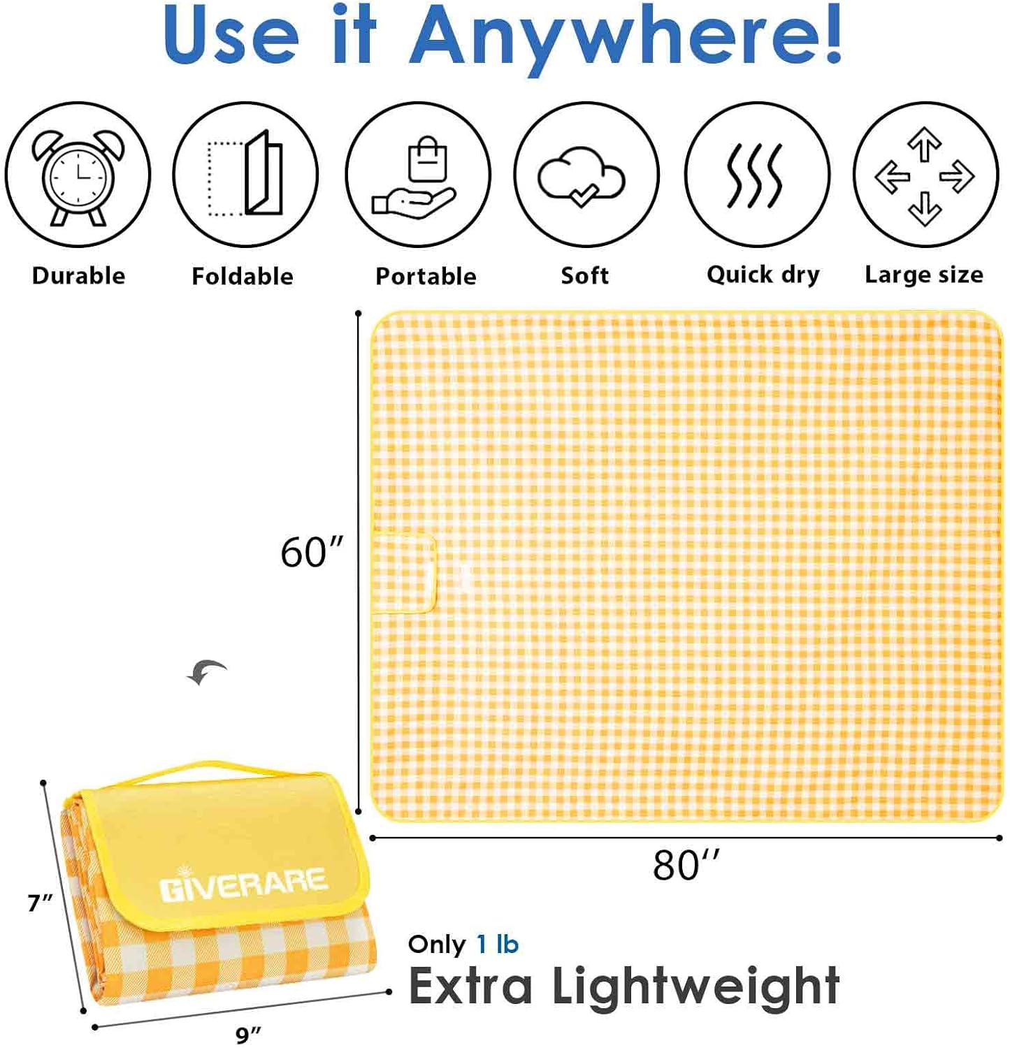 Picnic Beach Blanket Extra Large, XL Sandproof Waterproof Outdoor Camping Blankets 80x60in, Sand Free Oversized Mat, Quick Drying Portable Mats for Travel, Hiking, Music Festival, Lawn-Yellow