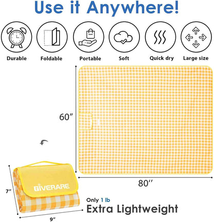 Picnic Beach Blanket Extra Large, XL Sandproof Waterproof Outdoor Camping Blankets 80x60in, Sand Free Oversized Mat, Quick Drying Portable Mats for Travel, Hiking, Music Festival, Lawn-Yellow