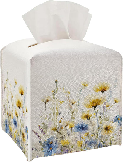 Tissue Box Cover - Yellow and Blue Flowers PU Leather Tissue Box Holder with Elastic Bottom Strap,5.2x5.2Inch Tissue Box Decor for Bathroom Countertop, Nightstand, Office Desk,Bedroom (Yellow-Flower)