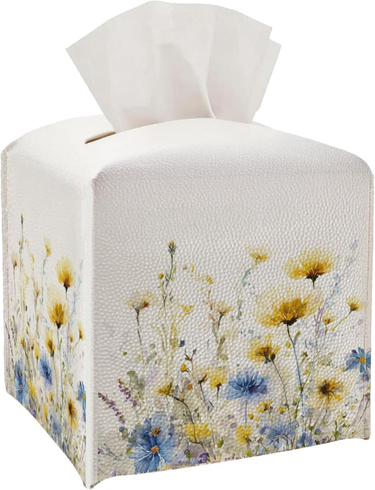 Tissue Box Cover - Yellow and Blue Flowers PU Leather Tissue Box Holder with Elastic Bottom Strap,5.2x5.2Inch Tissue Box Decor for Bathroom Countertop, Nightstand, Office Desk,Bedroom (Yellow-Flower)