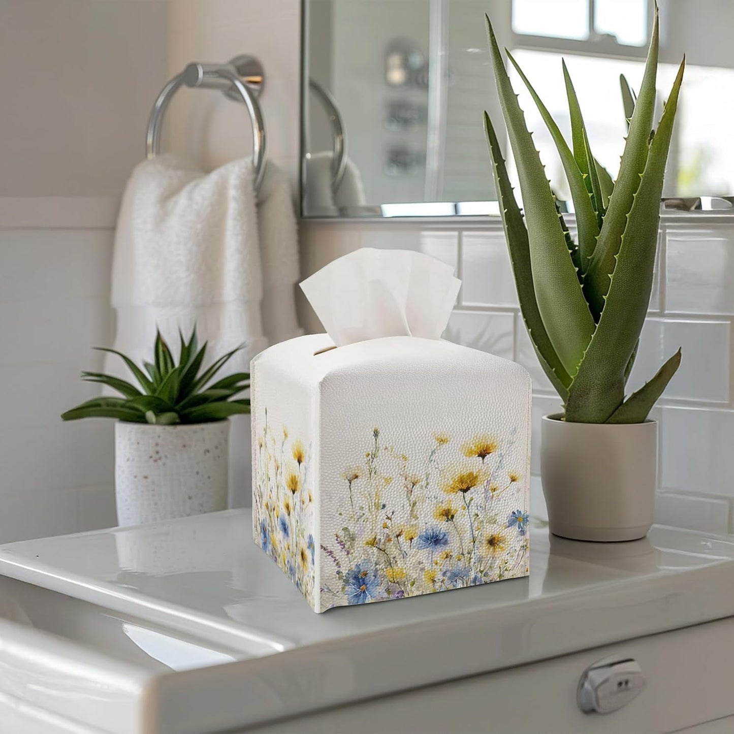 Tissue Box Cover - Yellow and Blue Flowers PU Leather Tissue Box Holder with Elastic Bottom Strap,5.2x5.2Inch Tissue Box Decor for Bathroom Countertop, Nightstand, Office Desk,Bedroom (Yellow-Flower)