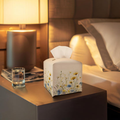 Tissue Box Cover - Yellow and Blue Flowers PU Leather Tissue Box Holder with Elastic Bottom Strap,5.2x5.2Inch Tissue Box Decor for Bathroom Countertop, Nightstand, Office Desk,Bedroom (Yellow-Flower)
