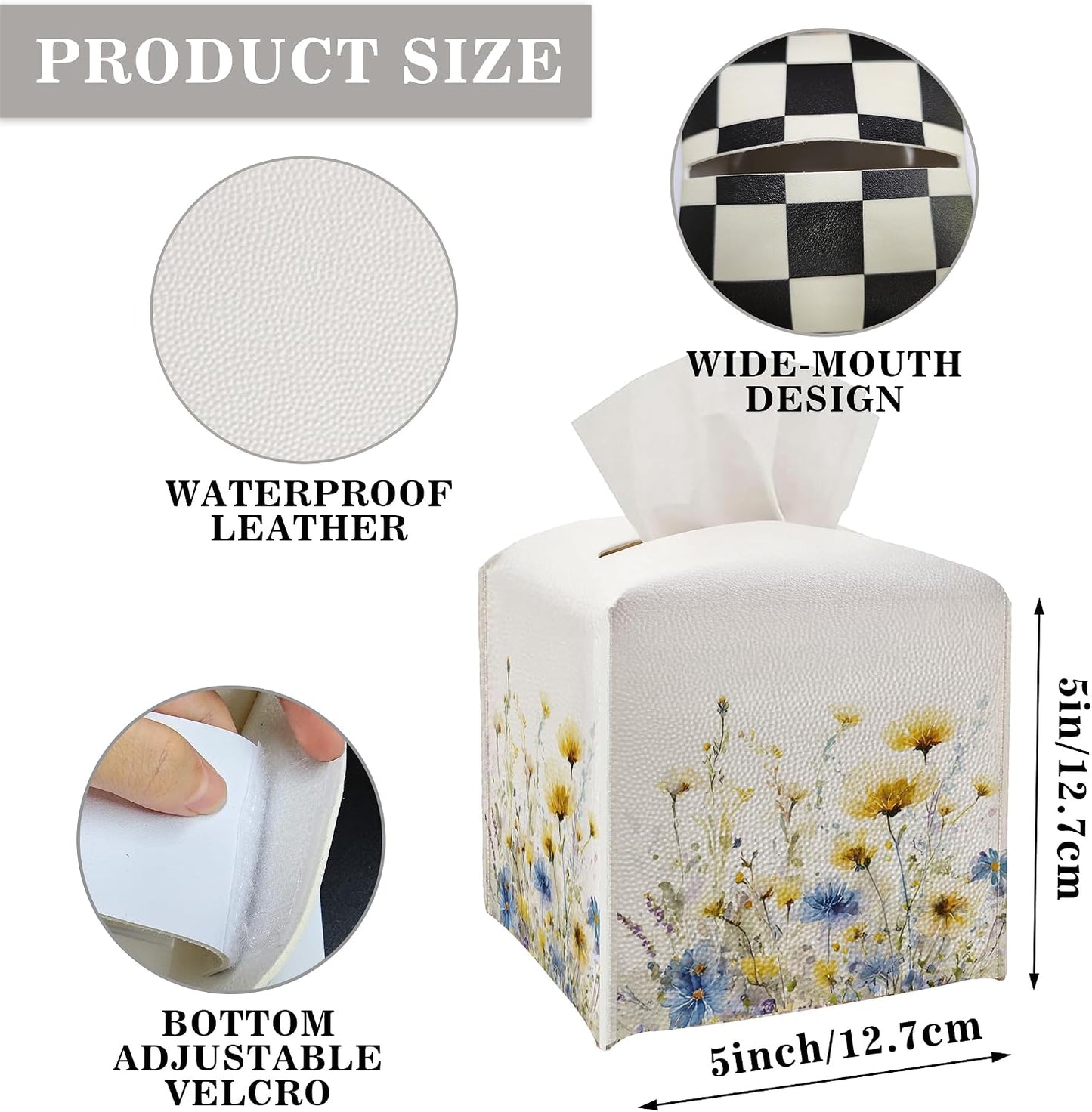 Tissue Box Cover - Yellow and Blue Flowers PU Leather Tissue Box Holder with Elastic Bottom Strap,5.2x5.2Inch Tissue Box Decor for Bathroom Countertop, Nightstand, Office Desk,Bedroom (Yellow-Flower)