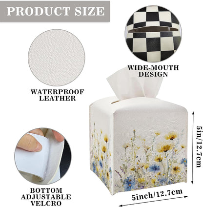Tissue Box Cover - Yellow and Blue Flowers PU Leather Tissue Box Holder with Elastic Bottom Strap,5.2x5.2Inch Tissue Box Decor for Bathroom Countertop, Nightstand, Office Desk,Bedroom (Yellow-Flower)