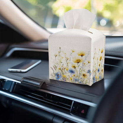 Tissue Box Cover - Yellow and Blue Flowers PU Leather Tissue Box Holder with Elastic Bottom Strap,5.2x5.2Inch Tissue Box Decor for Bathroom Countertop, Nightstand, Office Desk,Bedroom (Yellow-Flower)