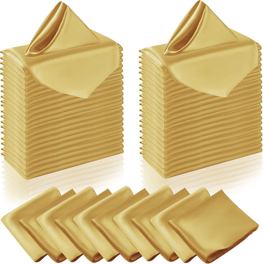 Yellow Gold Satin Napkins 12x12-50 Pieces, Reusable | Satin Fabric, Silky Smooth Texture, Neatly Stitched Edges, Machine Washable, Suitable For Weddings And Parties