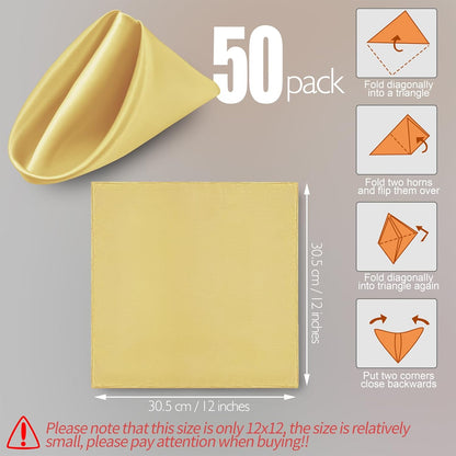 Yellow Gold Satin Napkins 12x12-50 Pieces, Reusable | Satin Fabric, Silky Smooth Texture, Neatly Stitched Edges, Machine Washable, Suitable For Weddings And Parties