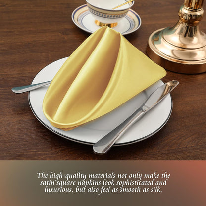 Yellow Gold Satin Napkins 12x12-50 Pieces, Reusable | Satin Fabric, Silky Smooth Texture, Neatly Stitched Edges, Machine Washable, Suitable For Weddings And Parties