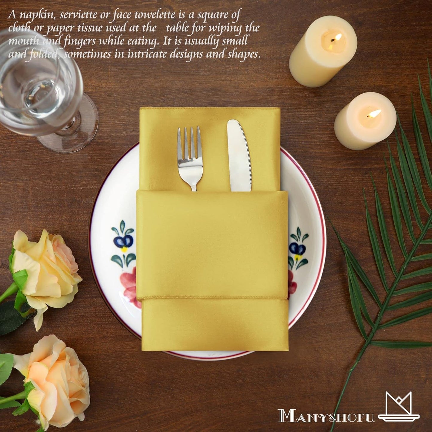 Yellow Gold Satin Napkins 12x12-50 Pieces, Reusable | Satin Fabric, Silky Smooth Texture, Neatly Stitched Edges, Machine Washable, Suitable For Weddings And Parties