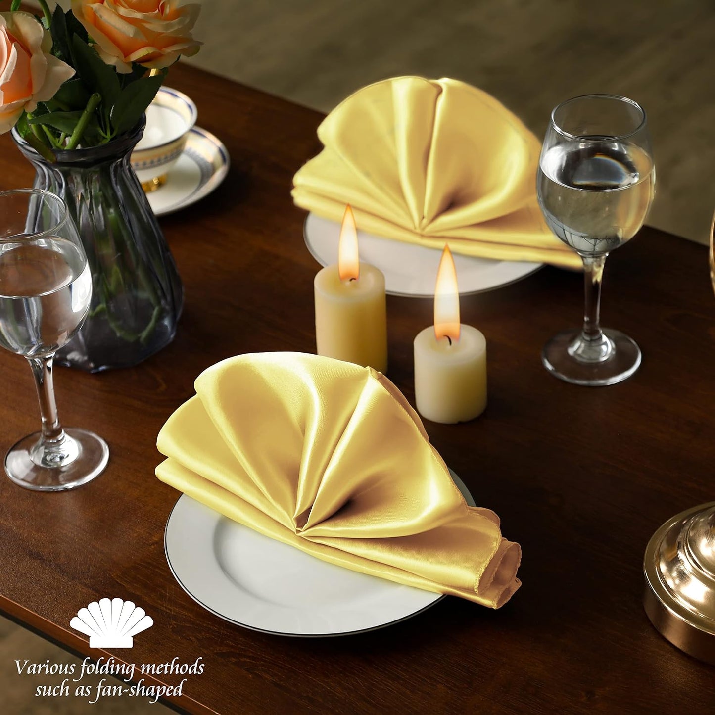 Yellow Gold Satin Napkins 12x12-50 Pieces, Reusable | Satin Fabric, Silky Smooth Texture, Neatly Stitched Edges, Machine Washable, Suitable For Weddings And Parties