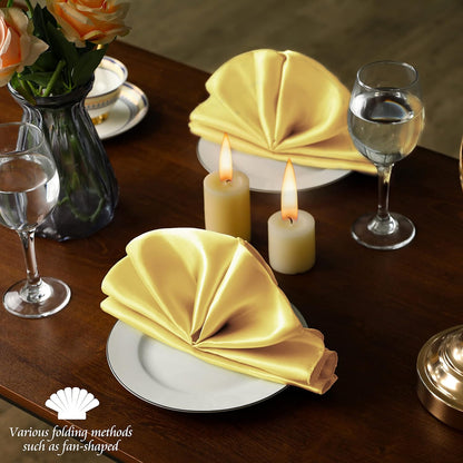Yellow Gold Satin Napkins 12x12-50 Pieces, Reusable | Satin Fabric, Silky Smooth Texture, Neatly Stitched Edges, Machine Washable, Suitable For Weddings And Parties