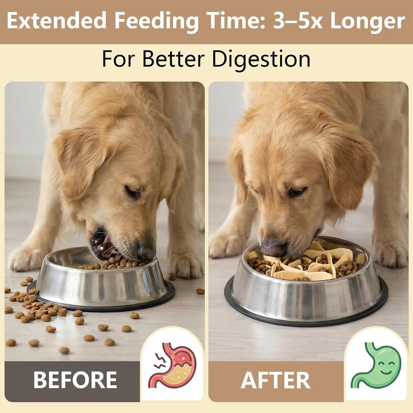 Silicone Dog Slow Feeder Bowl Insert with Suction Cups, Cuttable Food-Grade Lick Mat Divider Fits Stainless Steel Ceramic Glass Dog Bowls, Helps Slow Down Eating, Yellow