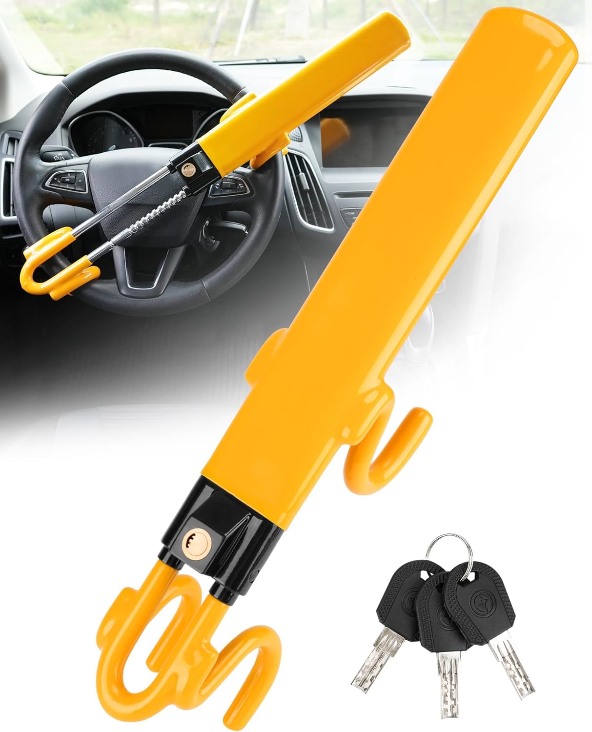 Steering Wheel Lock - Heavy Duty Antitheft Device and Car Security Lock with Adjustable Locking and 3 Keys - Great Vehicle and Truck Deterrent (Yellow)